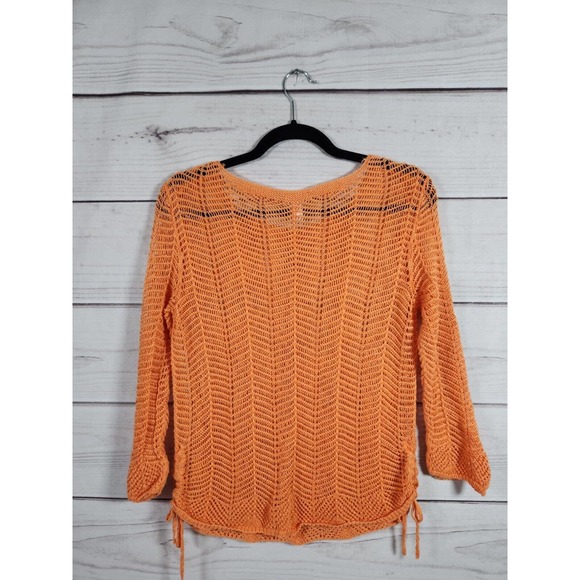 Chico's Orange Open Crochet Knit Scoop Neck Drawstring‎ Side Sweater Top 1 / M - Picture 2 of 5